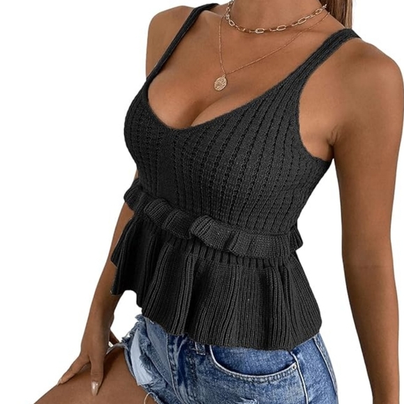 Amazon Sweaty Rocks Black Waffle Ruffle Hem Peplum Cropped Knit Tank Top Size M - Picture 3 of 9